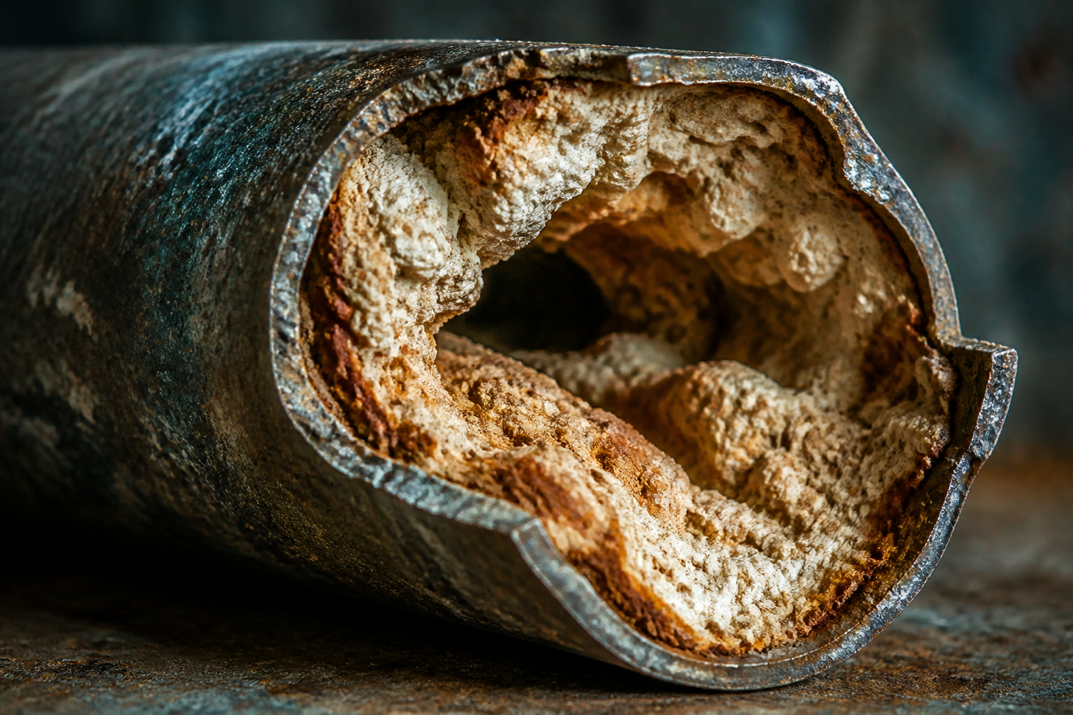 Cross-section of a pipe caked with thick rust and mineral scale from years of untreated hard water